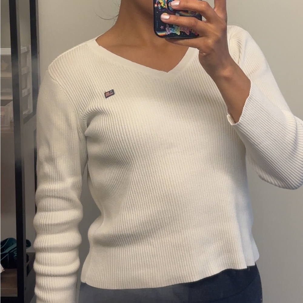 Vintage Ralph Lauren Women's White V-Neck Sweater